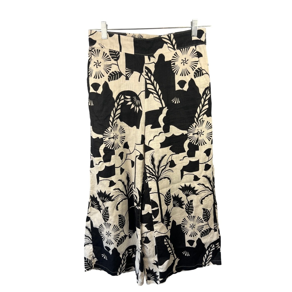 Nicole Miller Wide Leg Linen Floral Print Pullon Crop Pants SZ M Culottes
